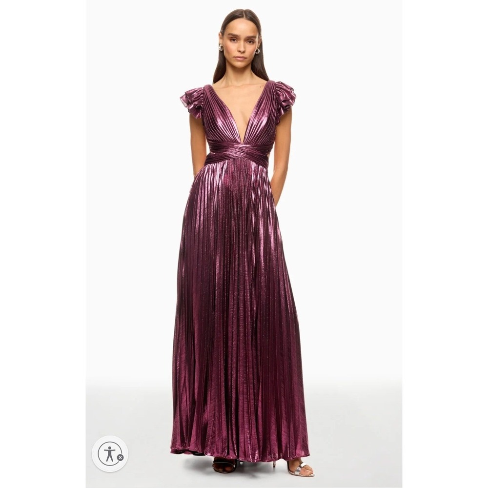 Ieena Mac Duggal Ruffle Sleeve Metallic Gown Purple Pleated Lace-Up Back Dress 2
